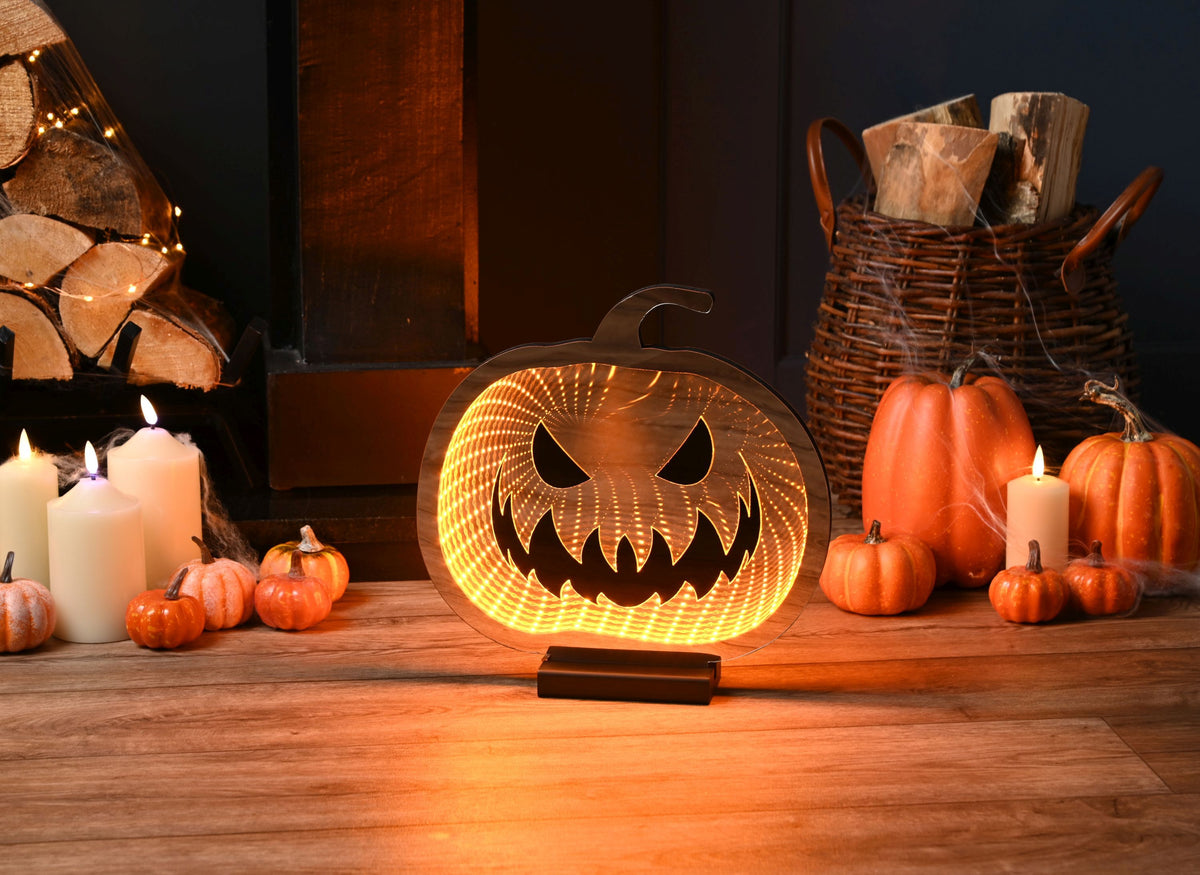 Halloween 30cm Orange Pumpkin Infinity Light Mirror stand with Warm White Led