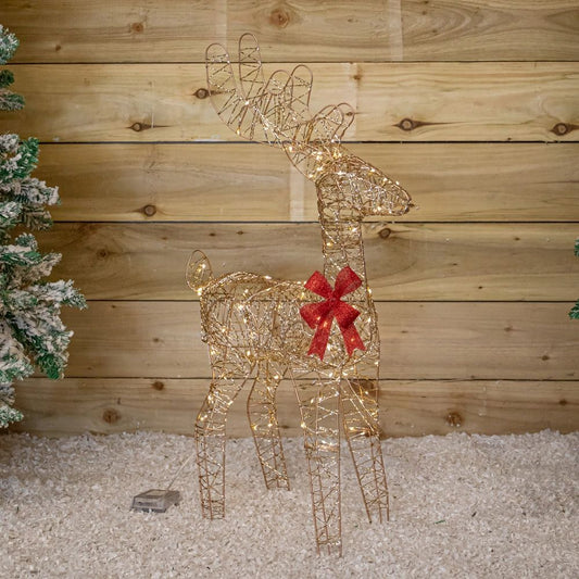 Standing Reindeer with Red Bow & 100 Warm White LED Light-Up Decoration (74 cm)