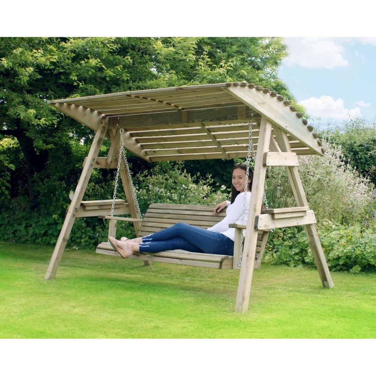 3 Seat Wooden Garden Swing Chair, Wooden Garden Swings With Canopy