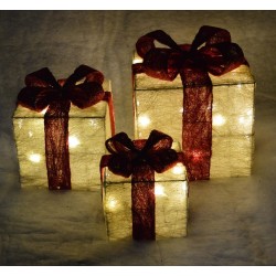 Sisal Gift Boxes with Pre-Lit Warm White lights and Ribbon in White/Red