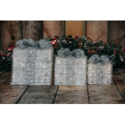 Sisal Gift Boxes with Pre-Lit Warm White lights and Ribbon in Silver