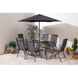 Ancona 6 Seater Dining Set with Parasol and Reclining Folding Chairs in Charcoal