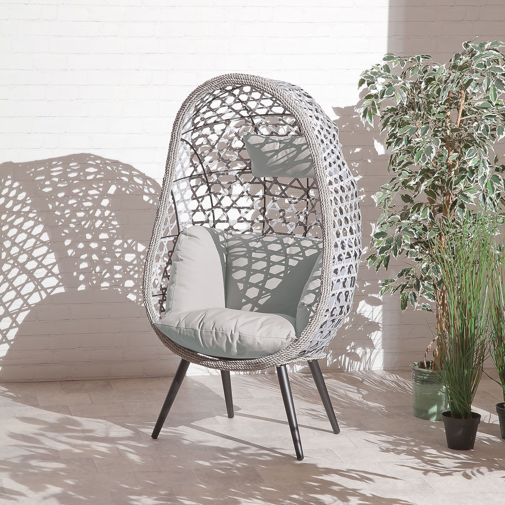 Genova Freestanding Single Rattan Egg Chair With Grey Cushions