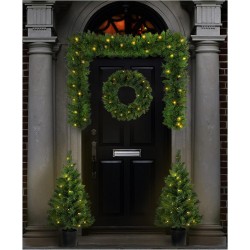 Set of 4 Christmas Light up Door Set Decoration Kit - 90cm Trees / Garland & 60cm Wreath - Pre Lit Warm White Led