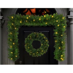 Set of 4 Christmas Light up Door Set Decoration Kit - 90cm Trees / Garland & 60cm Wreath - Pre Lit Warm White Led