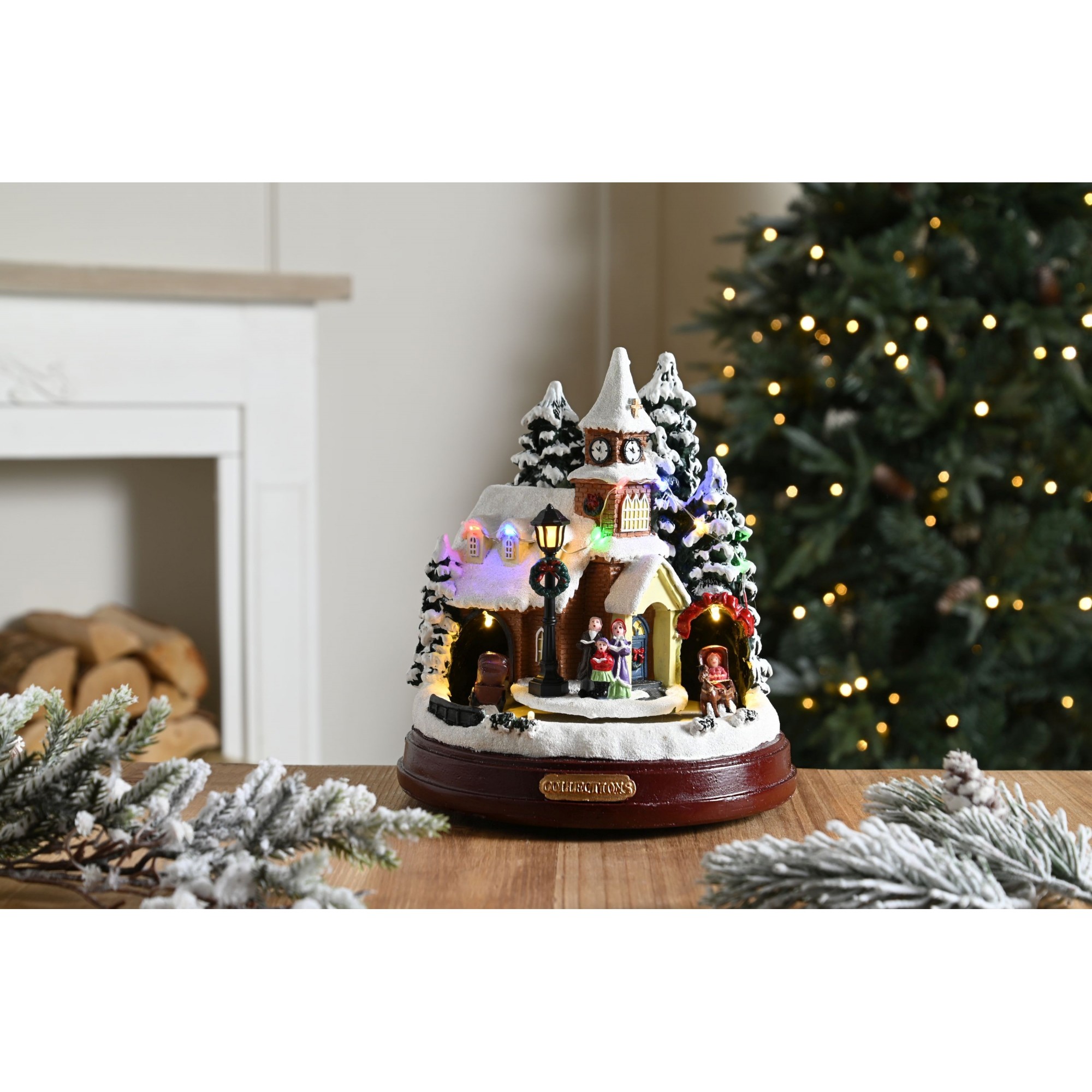 Christmas Pre-lit Village Church Snow Scene with Carol Singing and moving carriage