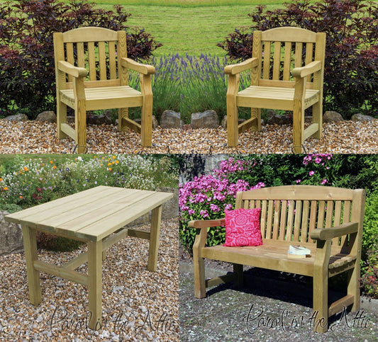 Elda Table Chairs & Bench Heavy Duty Solid Wood Garden Dining Set
