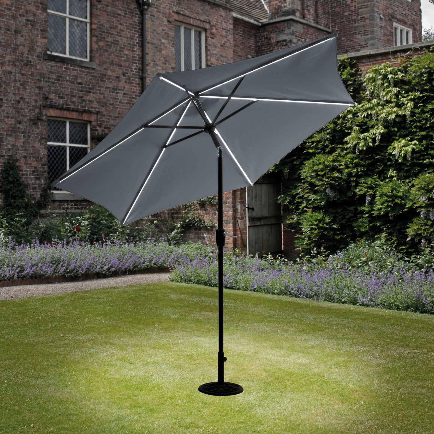 2.7m Grey Parasol with LED Lights – Tiltable & Easy to Use