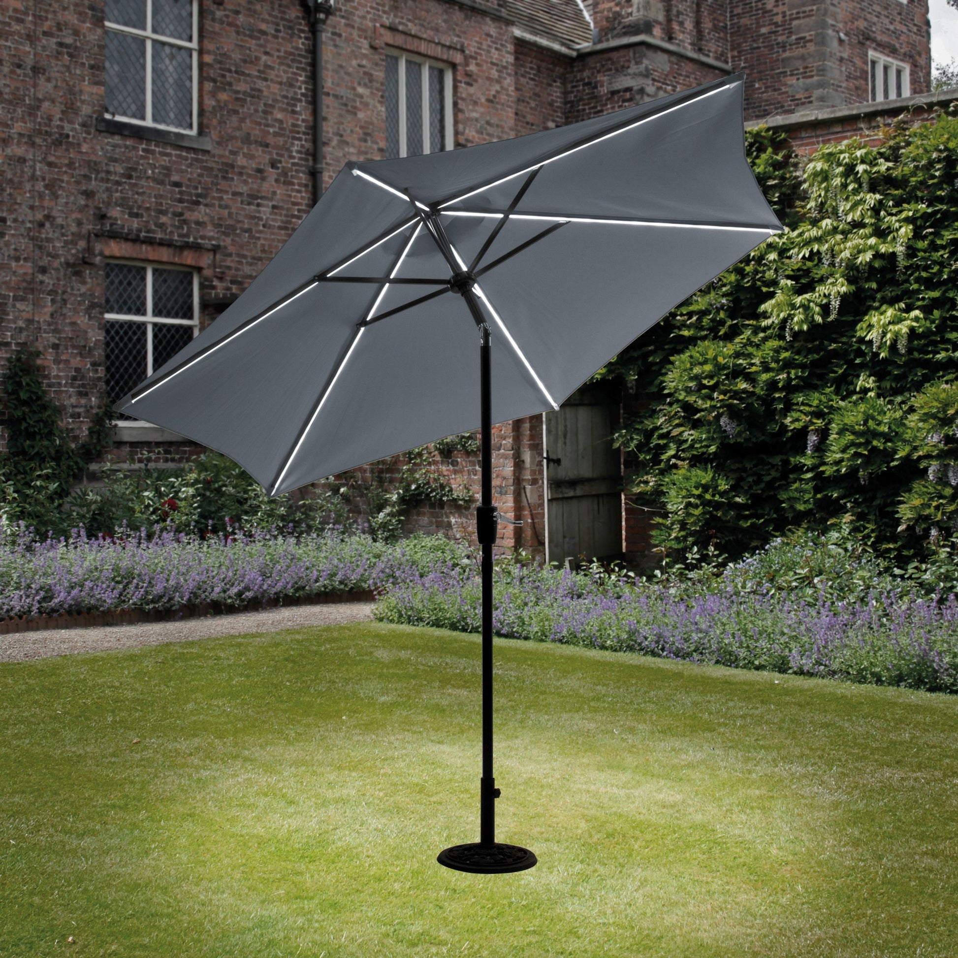 2.7m Grey Parasol with LED Lights – Tiltable & Easy to Use