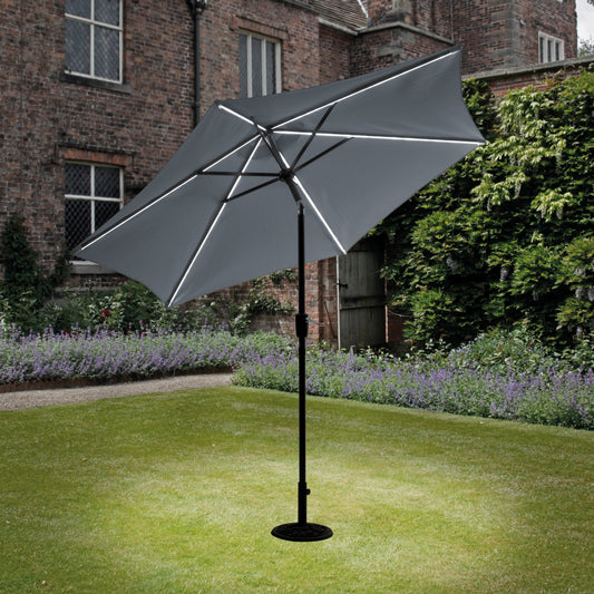 2.7m Grey Parasol with LED Lights – Tiltable & Easy to Use