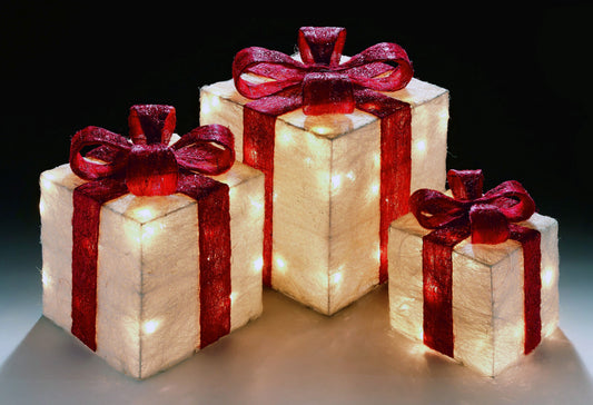 Sisal Gift Boxes with Pre-Lit Warm White lights and Ribbon in White/Red