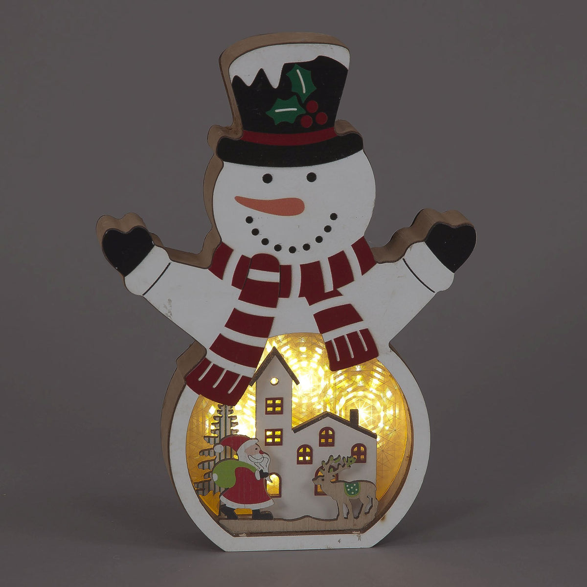 Christmas 20 cm White Wooden Snowman & Winter Scene (Santa & reindeer) – Battery Operated
