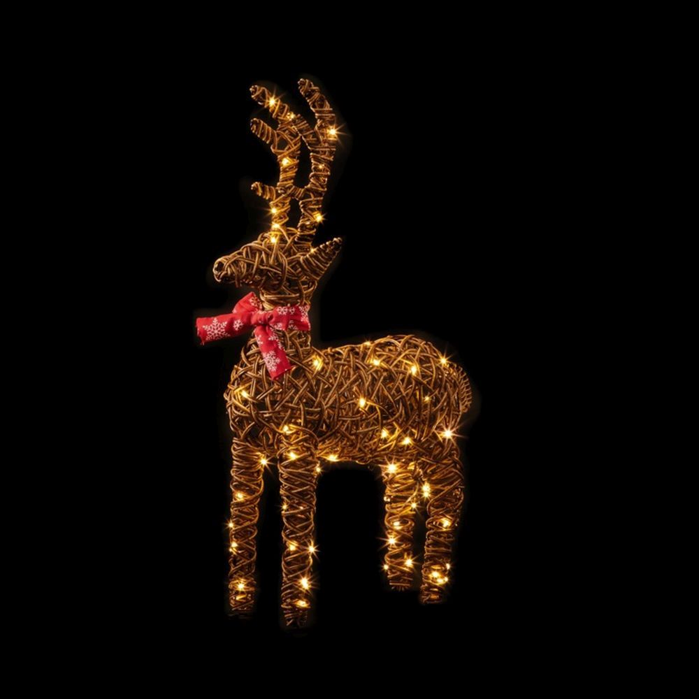 Christmas 70cm Outdoor Standing Wicker Reindeer with 80 Warm White LEDs & red bow