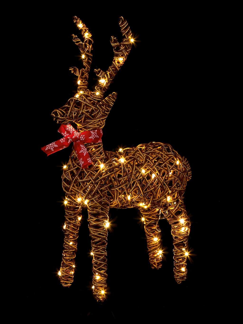 Christmas 70cm PreLit Brown Rattan Standing Reindeer with Red Bow & 80 Warm White LED Festive Light-Up Decoration