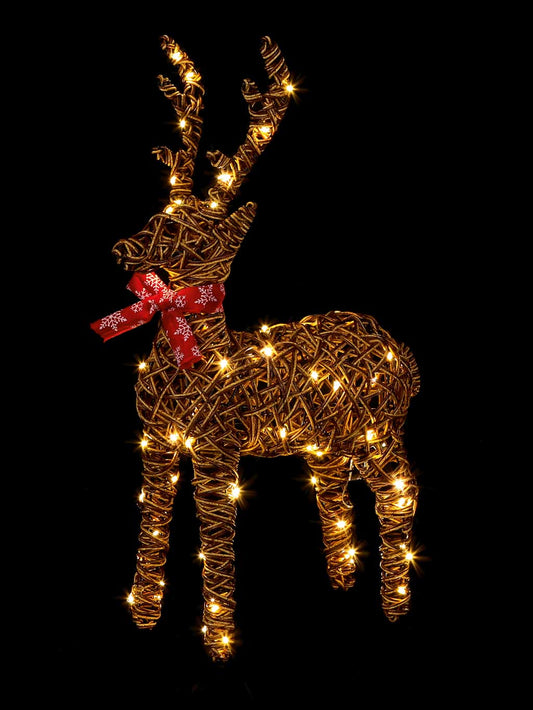 Christmas 70cm PreLit Brown Rattan Standing Reindeer with Red Bow & 80 Warm White LED Festive Light-Up Decoration