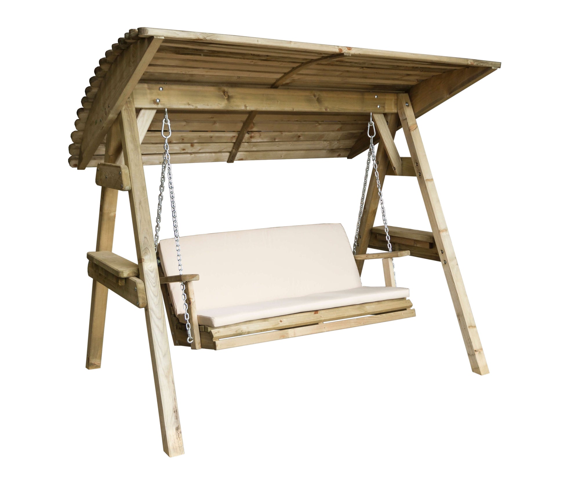 Wooden swing with canopy on a white background