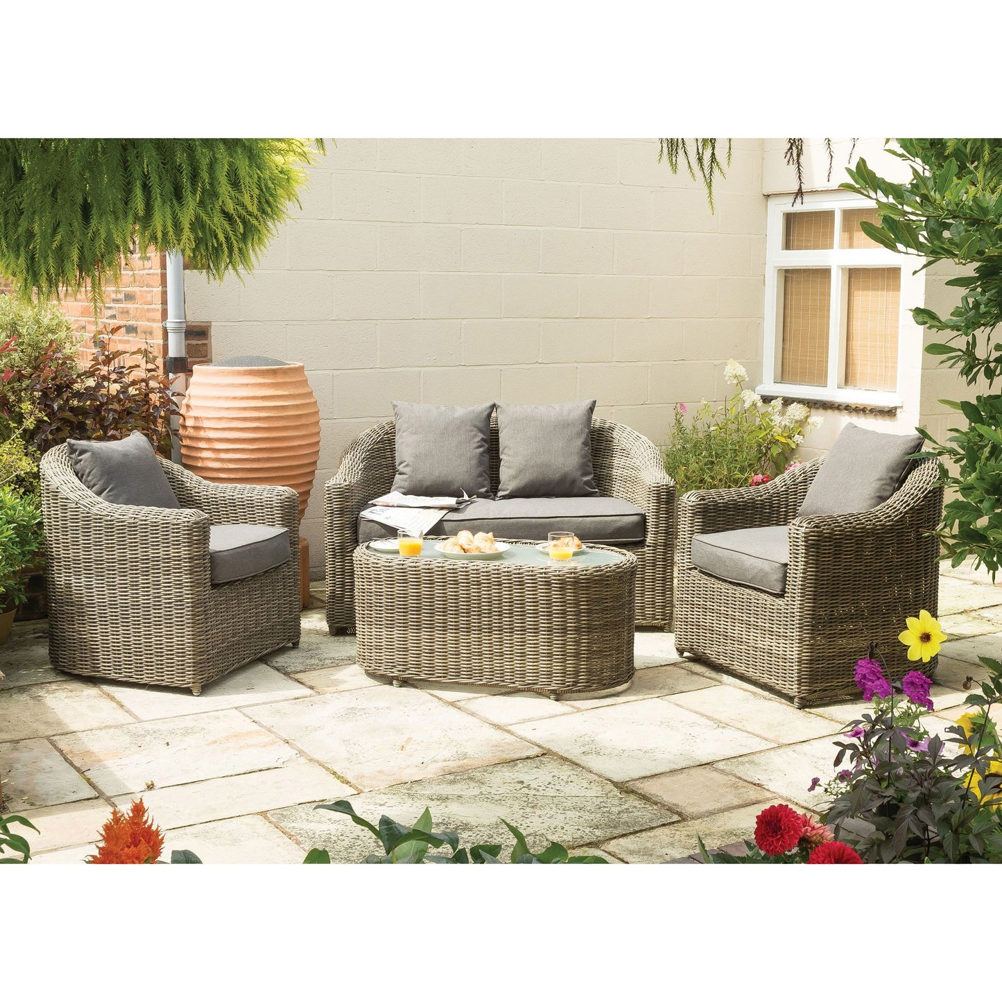Foggia 4 Seater Sofa Set - Half Round Rattan Effect Wicker Weave in Light Brown