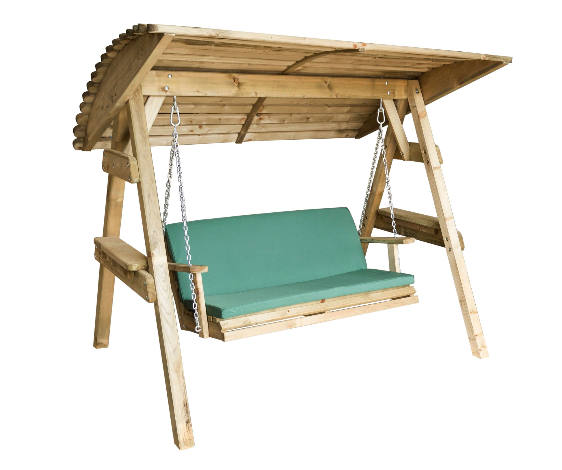 Wooden swing bench with green cushion and canopy on a white background