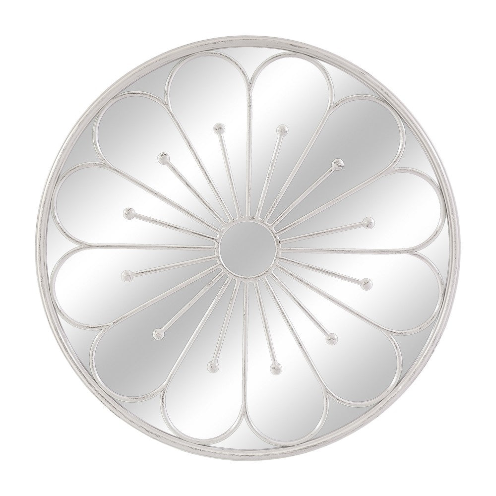 Large Decorative Round White Metal Flower Framed Garden Wall Mirror