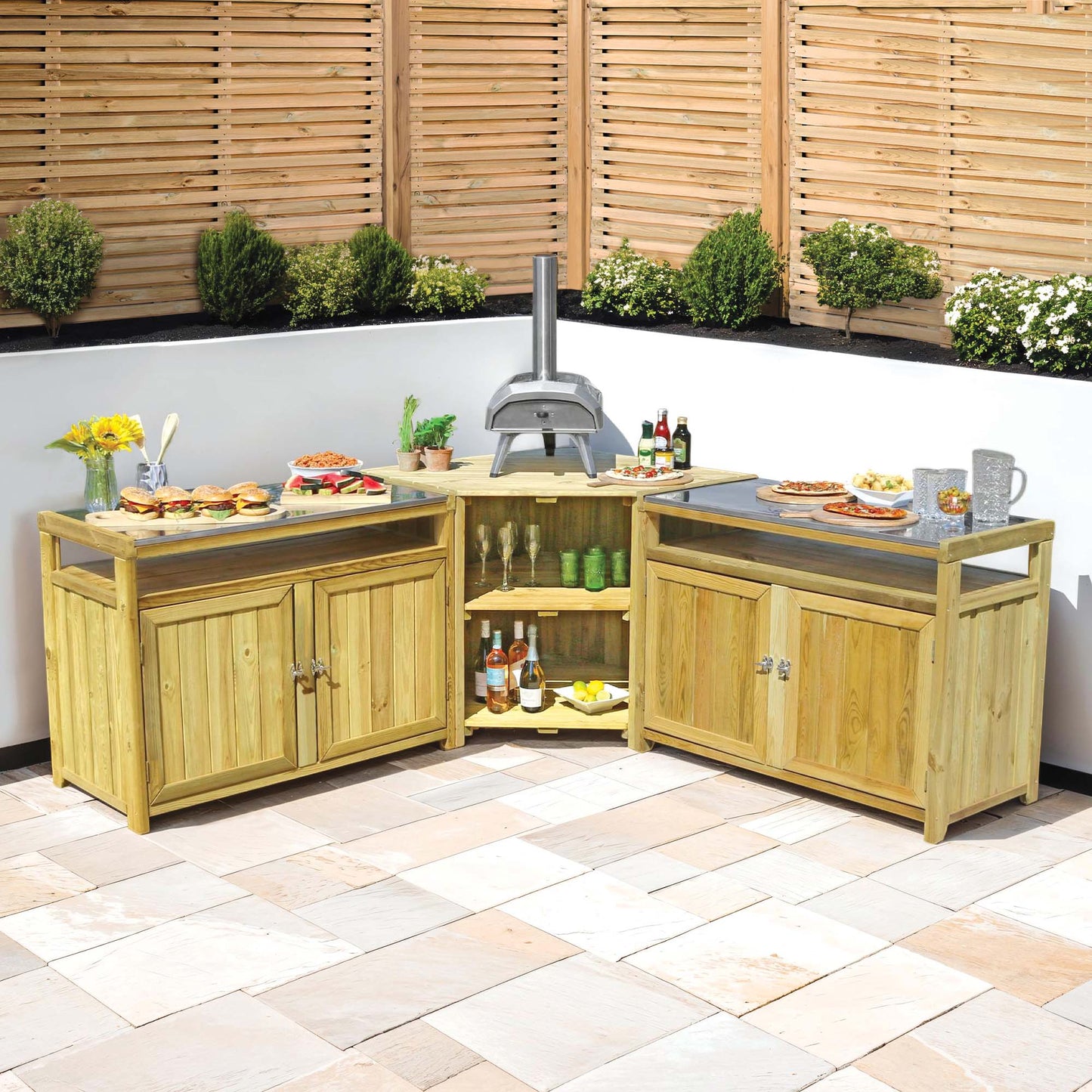 Granada Outdoor Wooden Kitchen Set with Stainless Steel tops and Storage