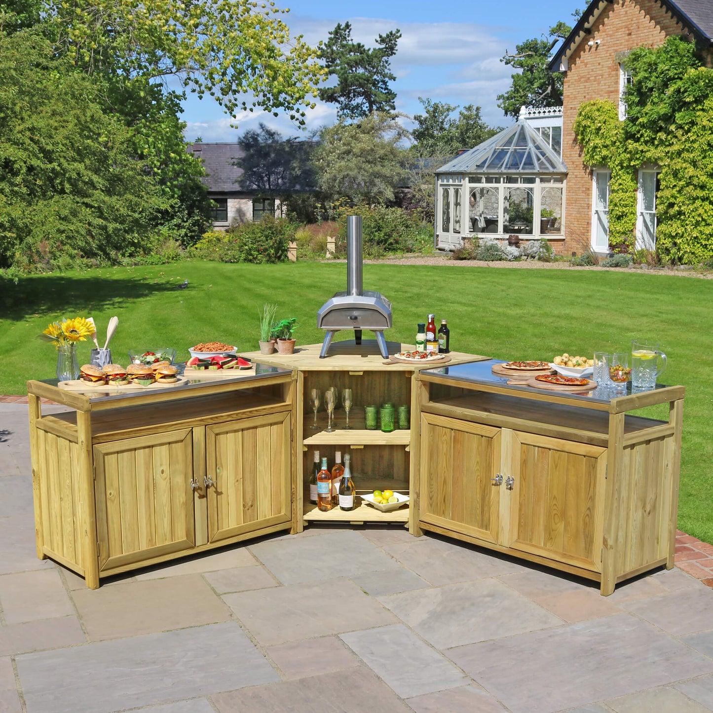 Granada Outdoor Wooden Kitchen Set with Stainless Steel tops and Storage
