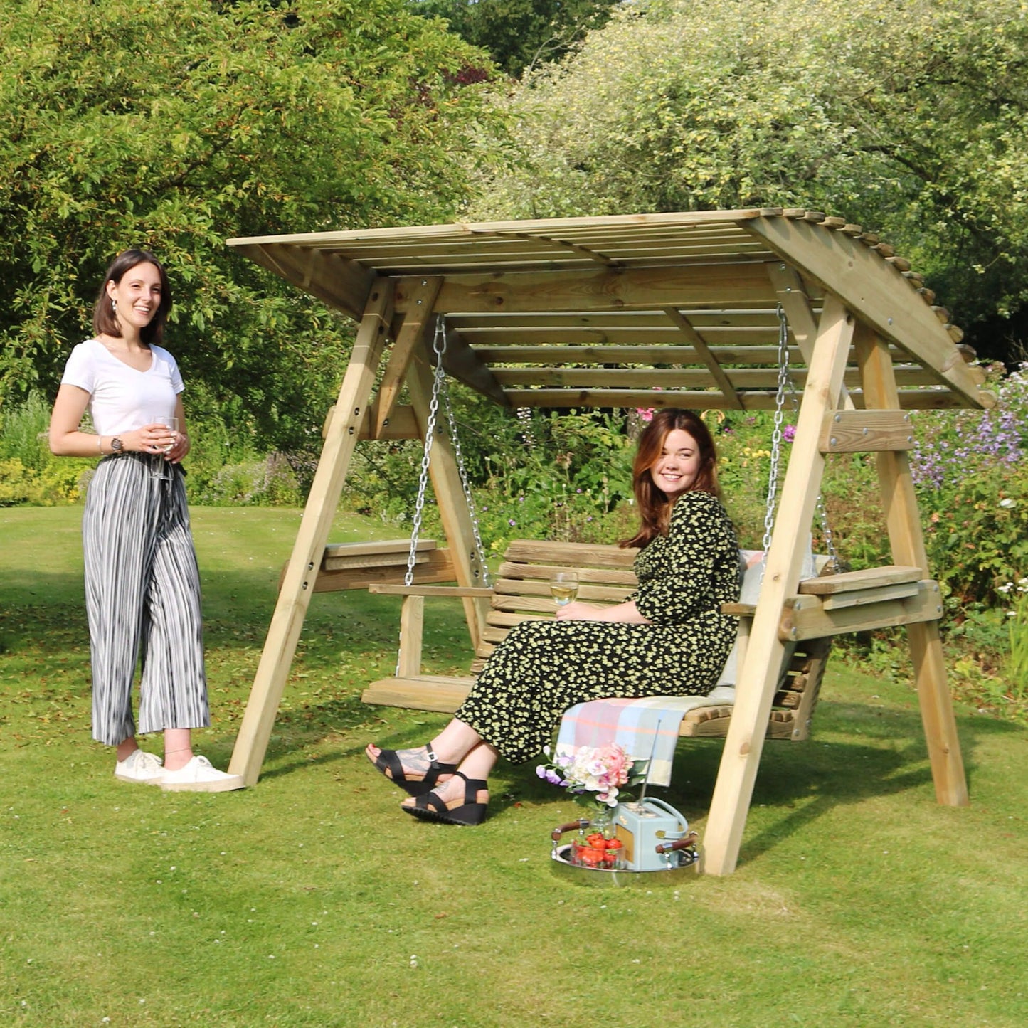 2 Seater Wooden Garden Swing with Canopy